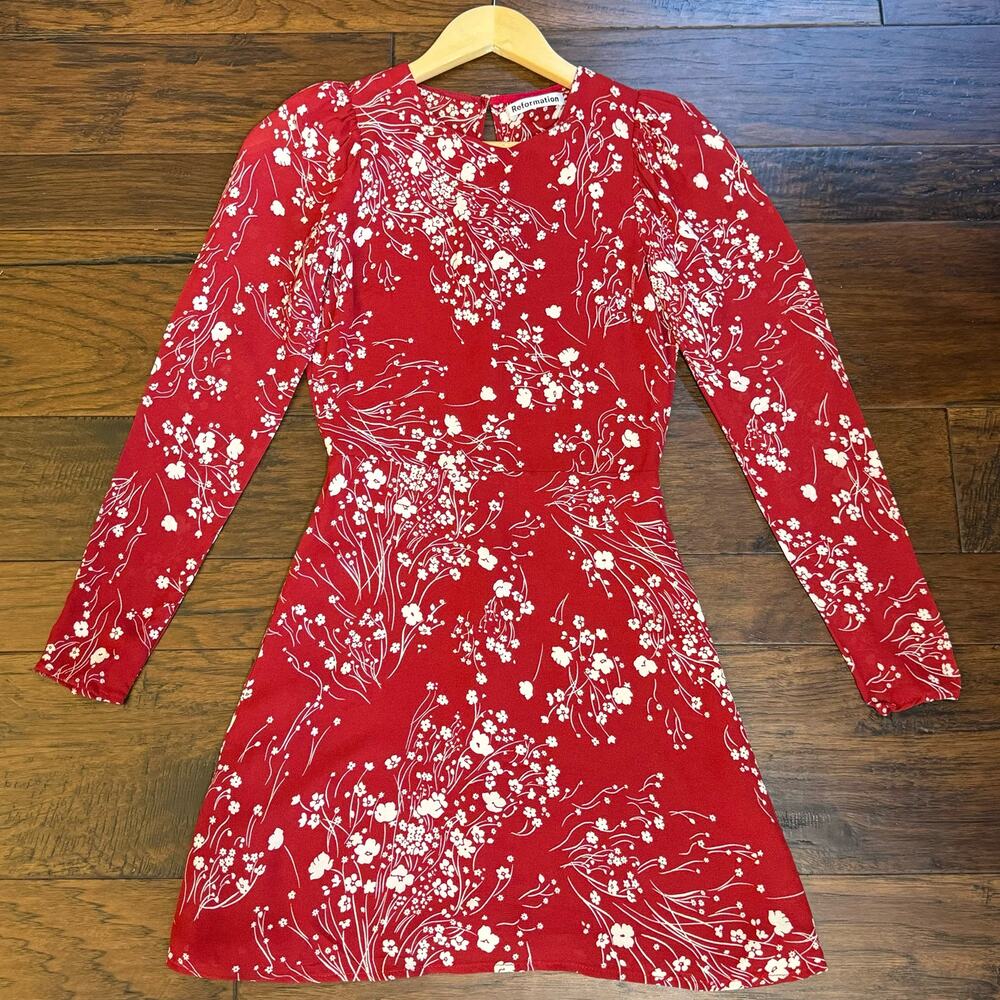 Reformation Romee Dress 4 Bryce Red White Floral Long Puff Shoulder Sleeve Mini